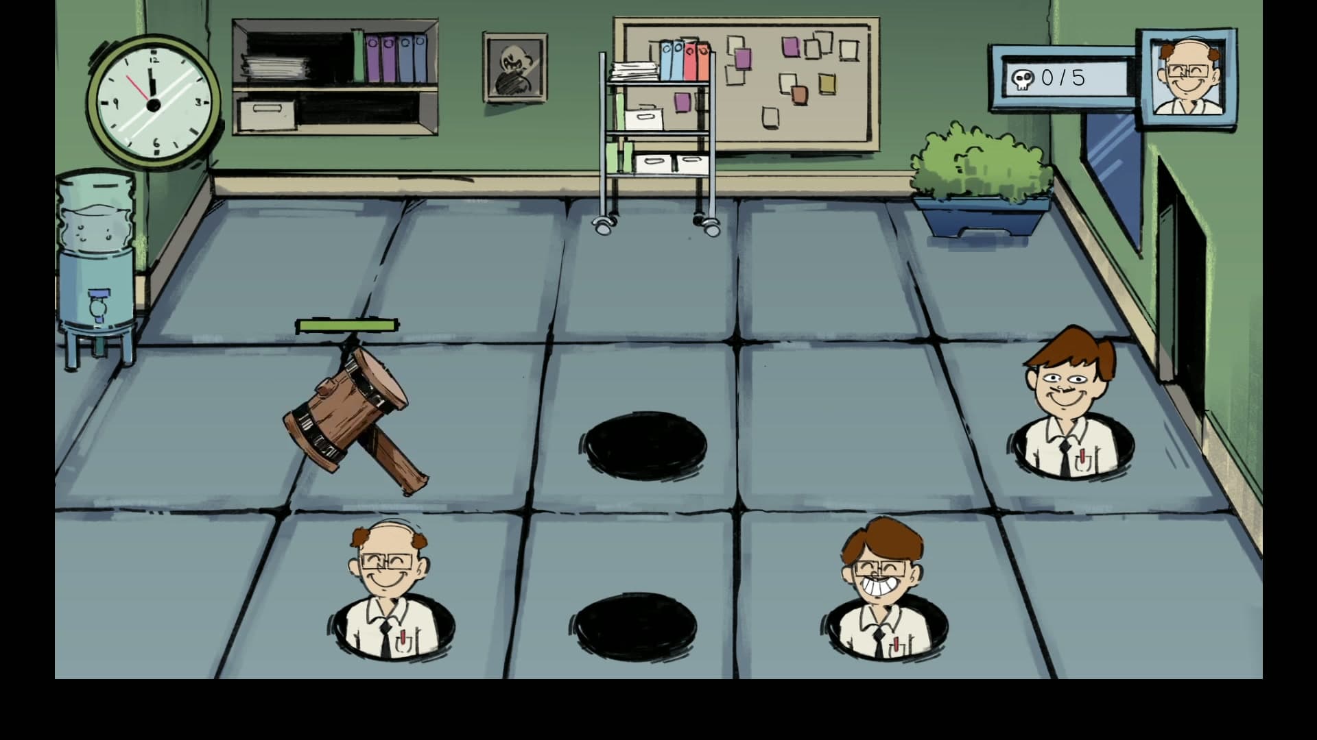 Hand-drawn office whack-a-mole game with a wooden hammer and employees emerging from the floor