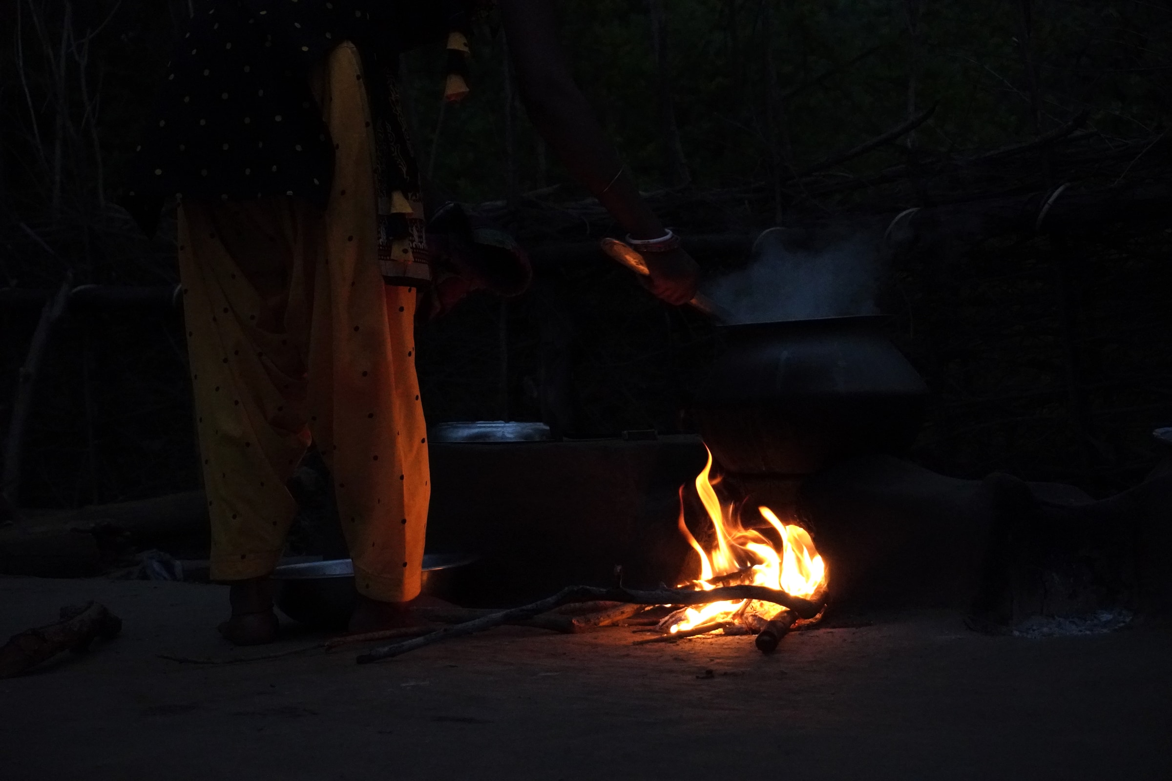 Firelight in a dark interior