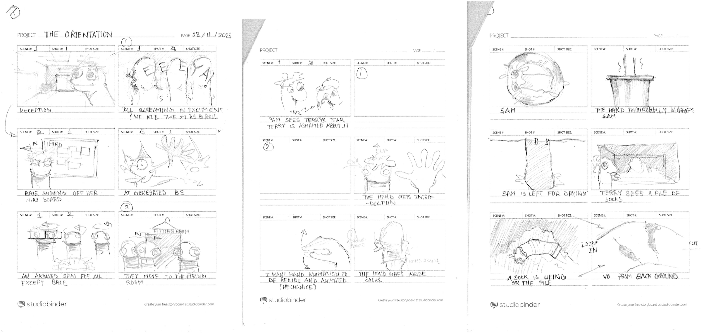 The Orientation storyboard: hand-drawn scenes, shot directions and character studies