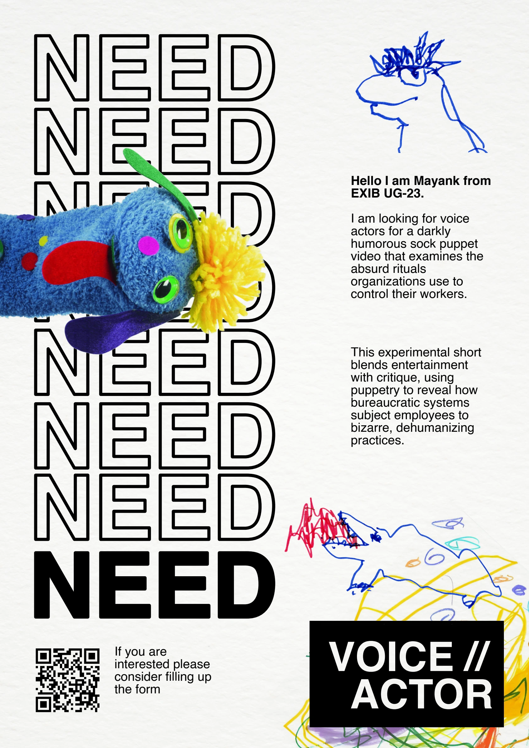 Voice-actor casting poster with repeated NEED lettering and a blue sock puppet