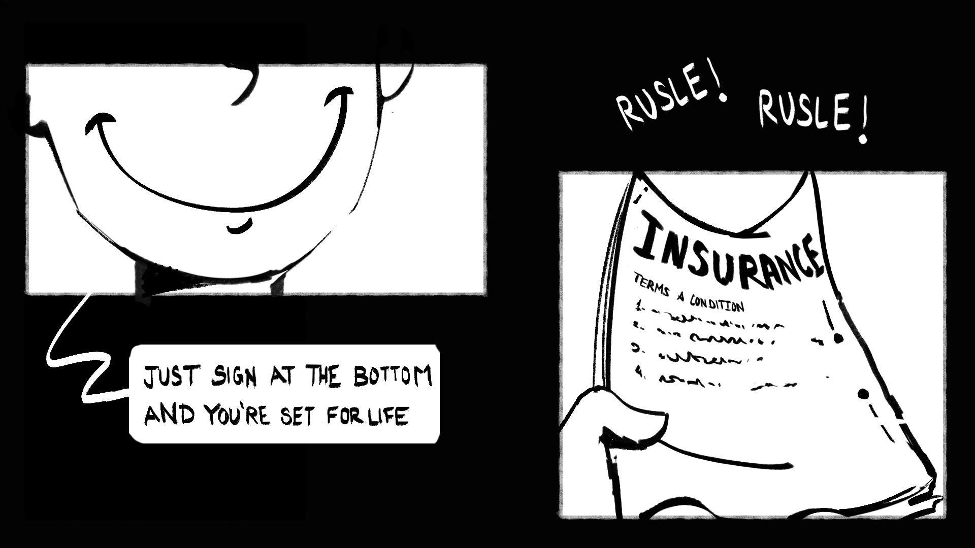 Comic panel introducing the insurance form and its rules