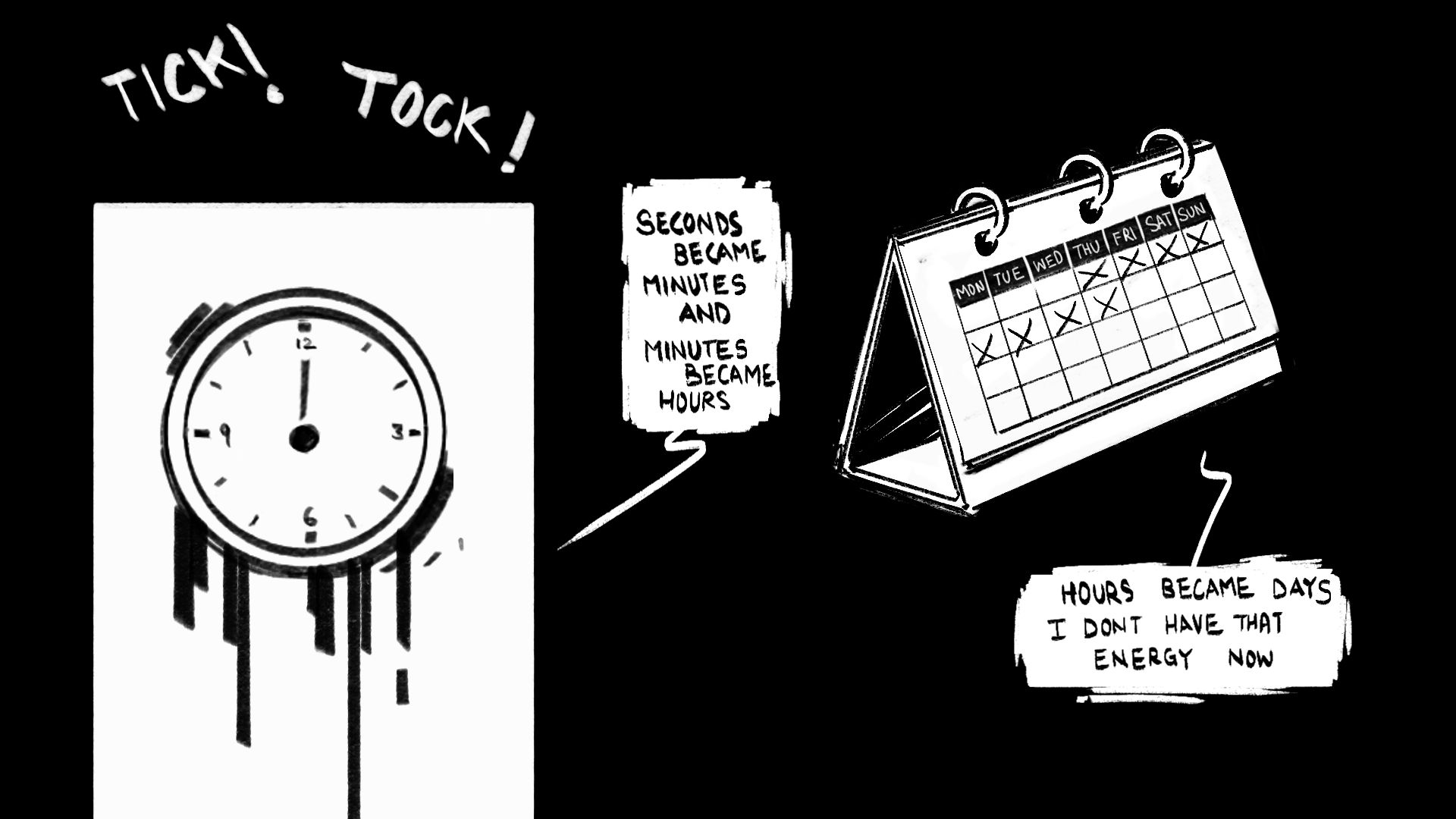 Comic panel expressing bureaucratic waiting through clocks and calendars