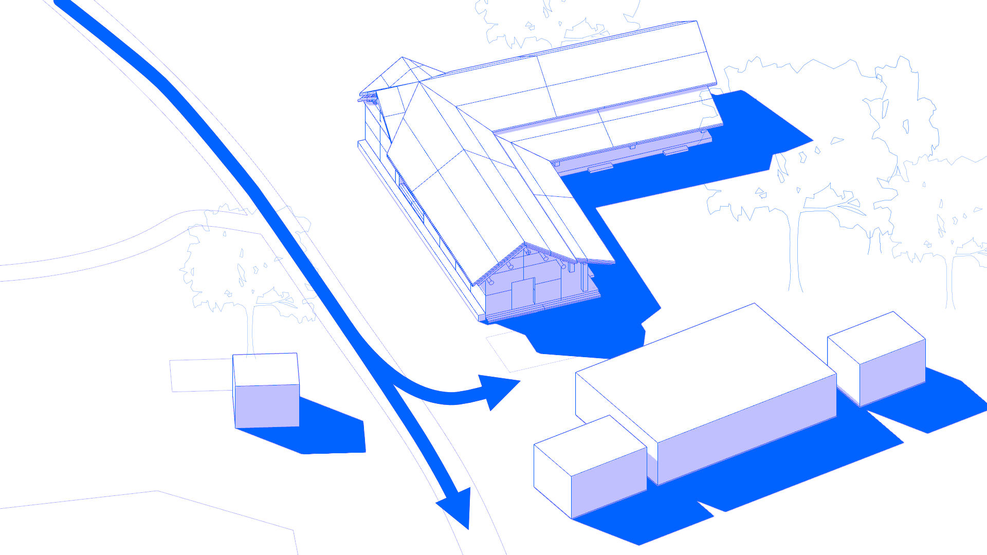 Axonometric study showing the museum building, approach and surrounding structures