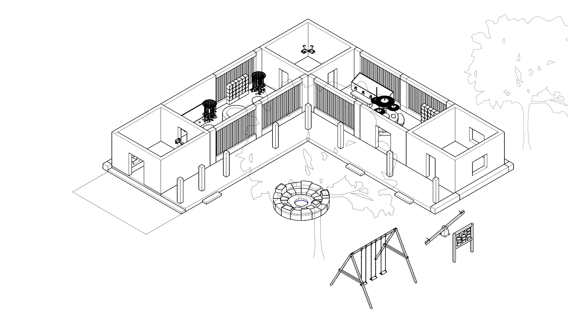 Architectural linework axonometric showing the museum rooms, courtyard and outdoor gathering elements
