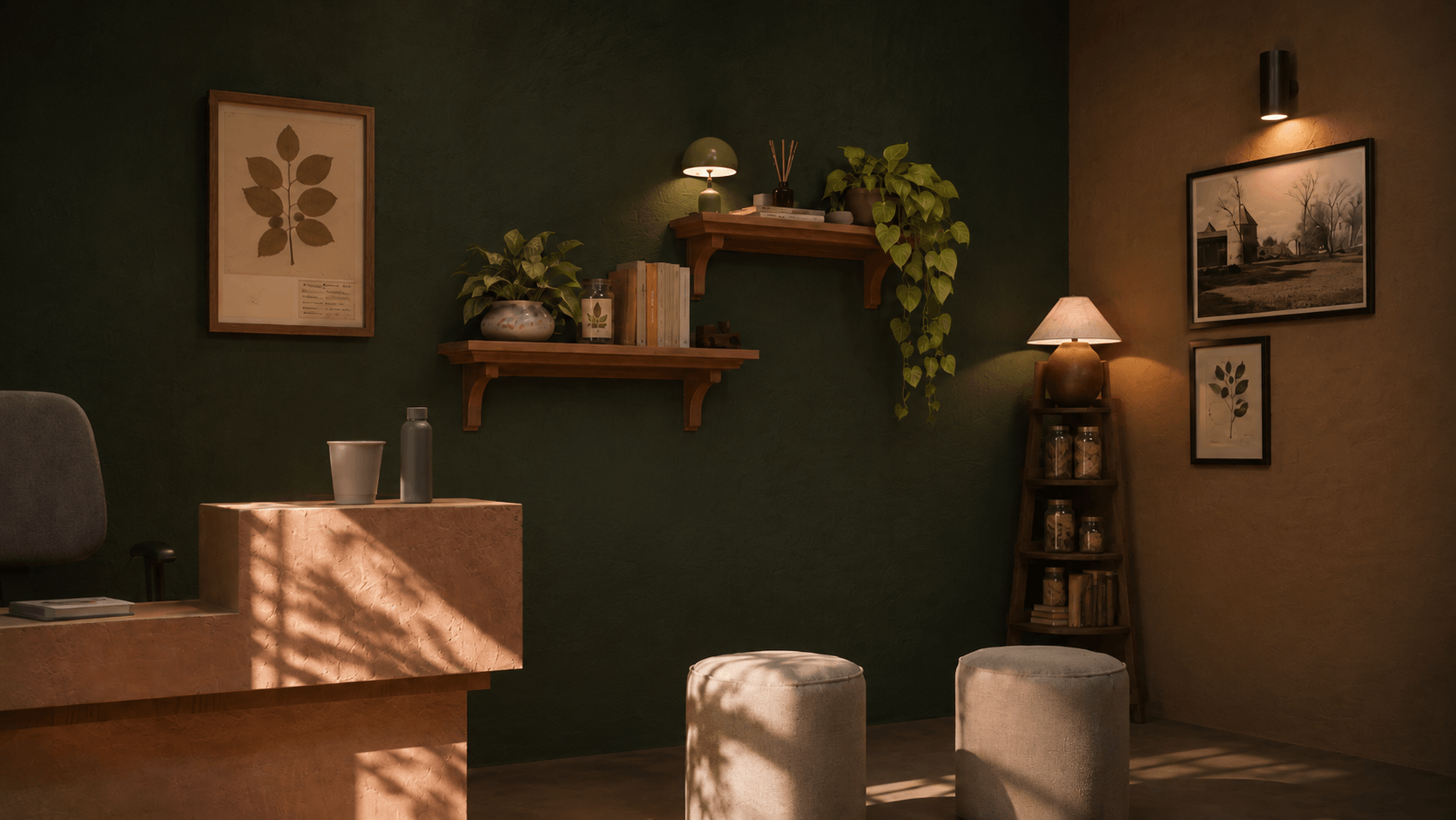 Warm reception area with botanical displays, books and seating