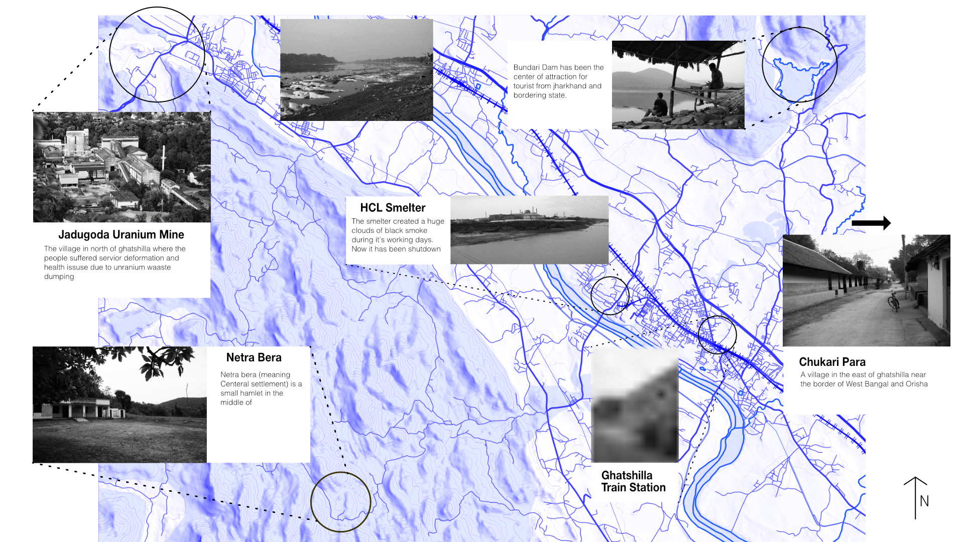 Ghatshila context study mapping Jaduguda Uranium Mine, HCL Smelter, Burudi Dam, Netra Bera, Chukari Para and Ghatshila Station