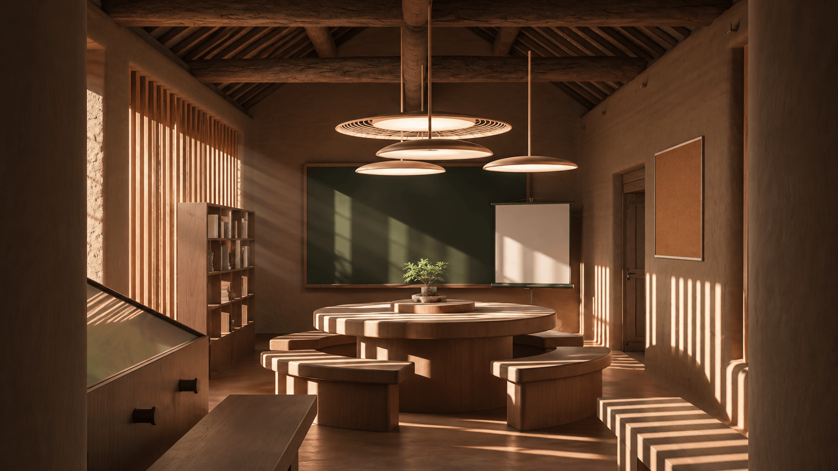 Sunlit terraced interior for shared learning and collective memory