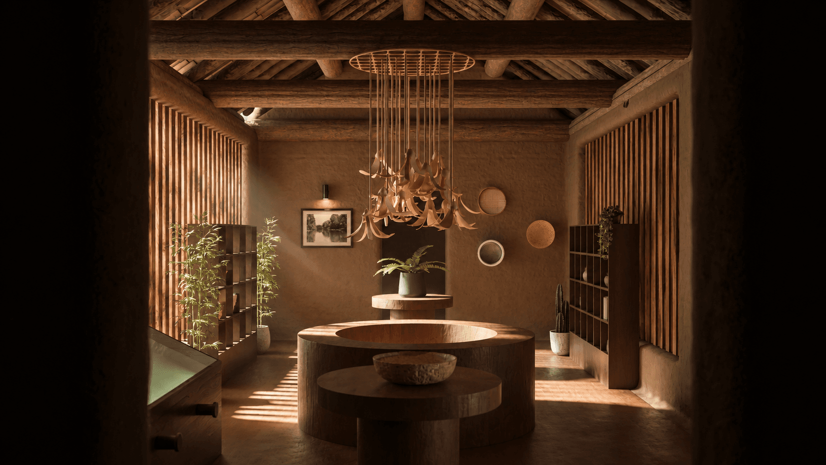 Sunlit museum interior with botanical displays and a sculptural chandelier