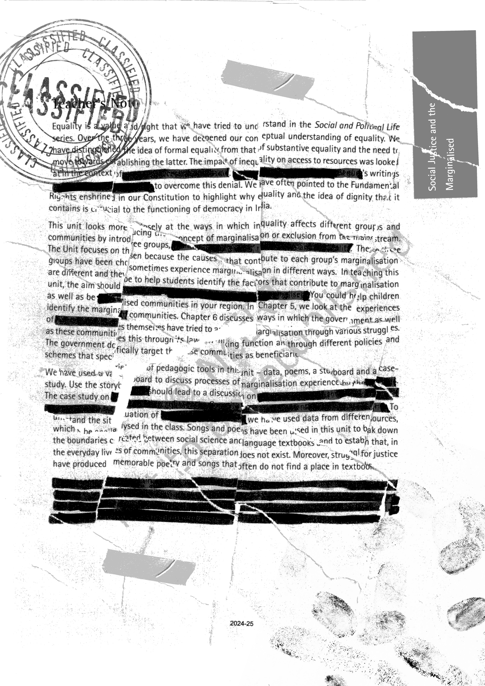 Black-and-white collage of a social justice textbook page with redacted passages, classified stamps, torn paper and fingerprints