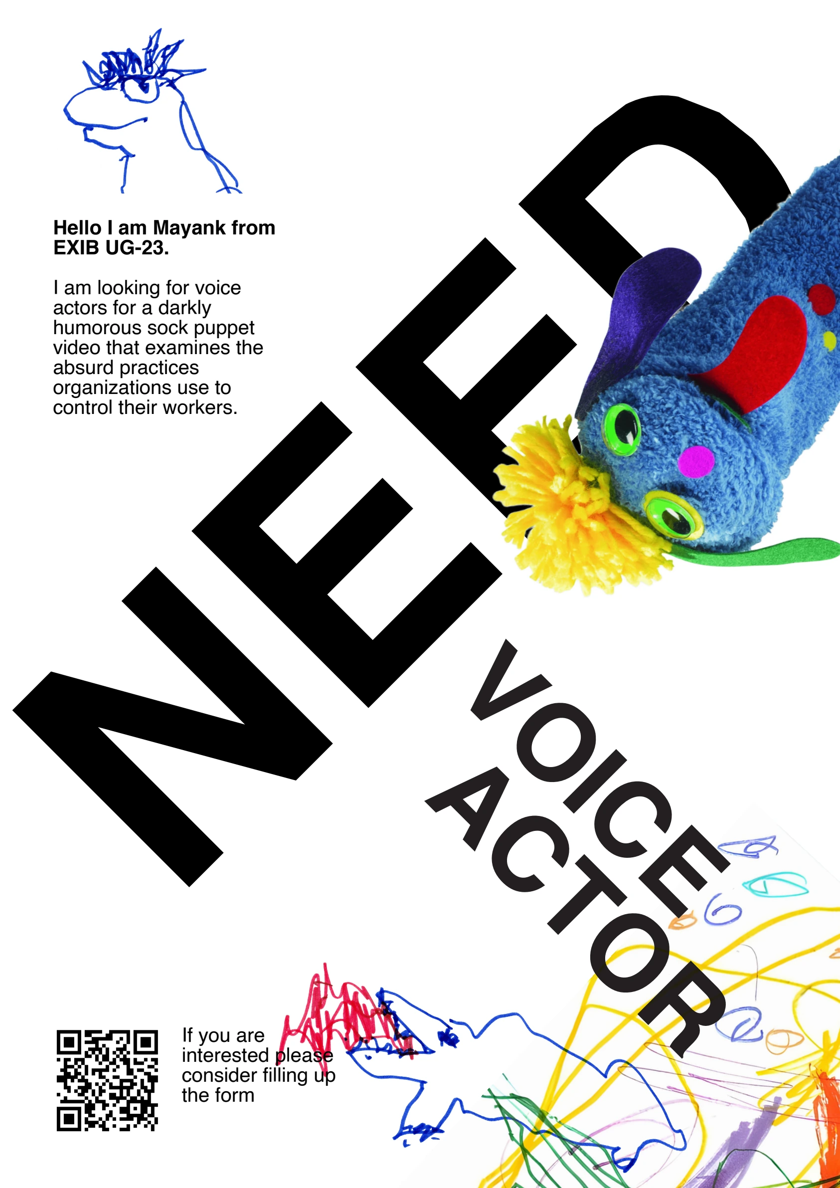 Voice-actor casting poster with diagonal NEED lettering and a blue sock puppet