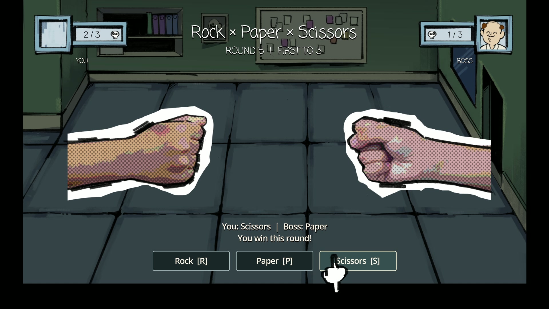 Rock paper scissors round during gameplay