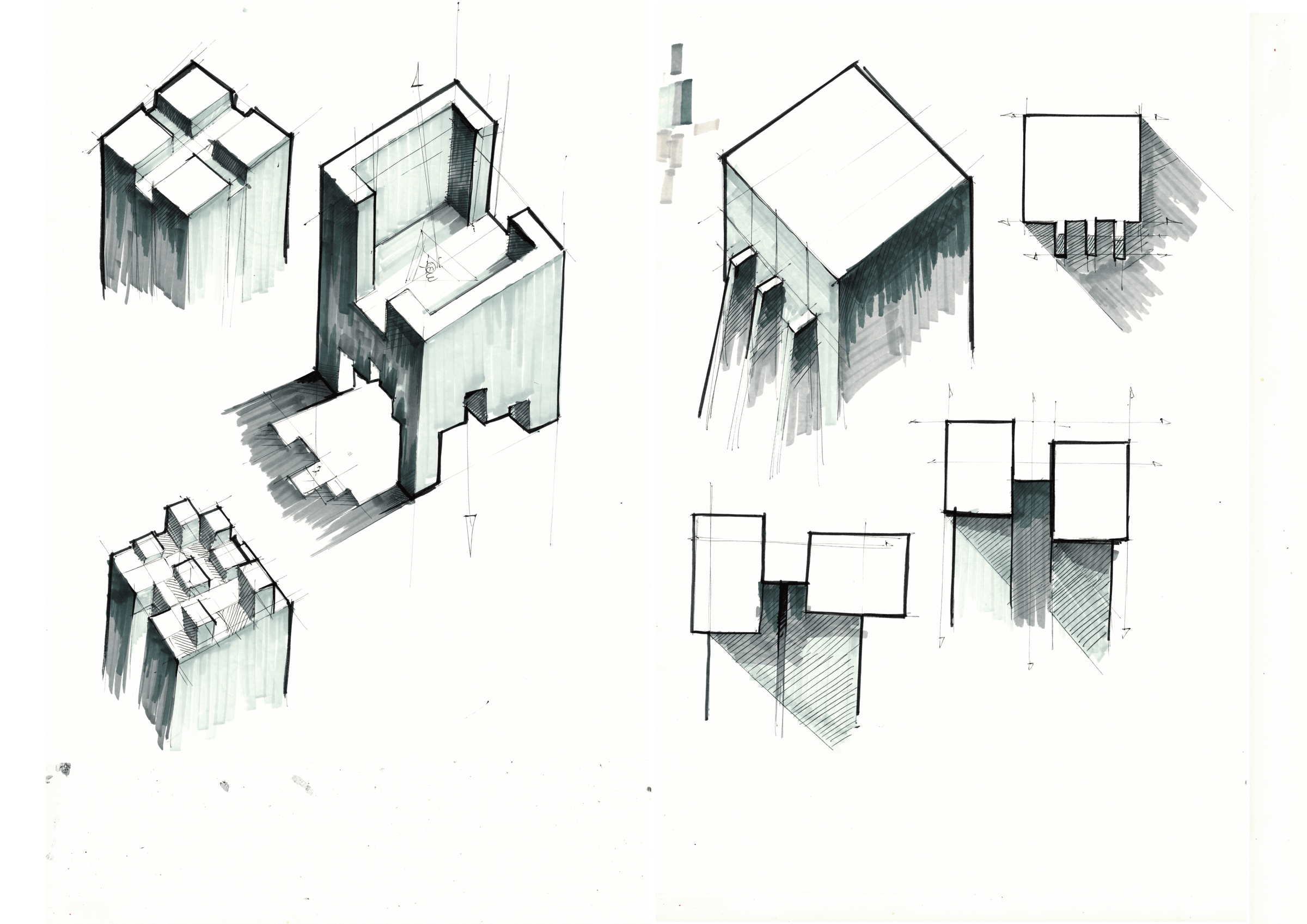 Early isometric and elevation sketches exploring the lamp form
