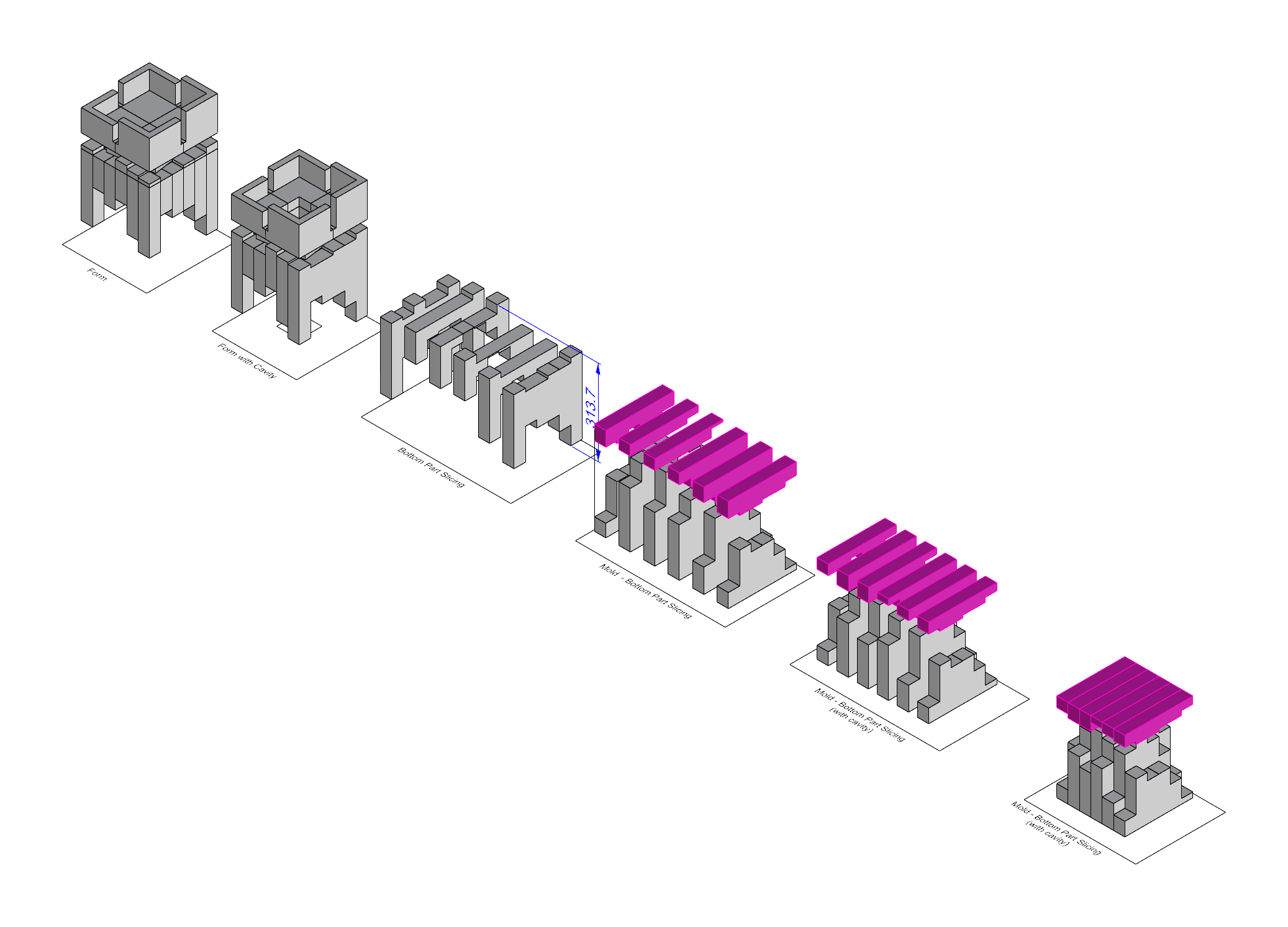 Sequence showing the lamp geometry developing from modular studies into its final form