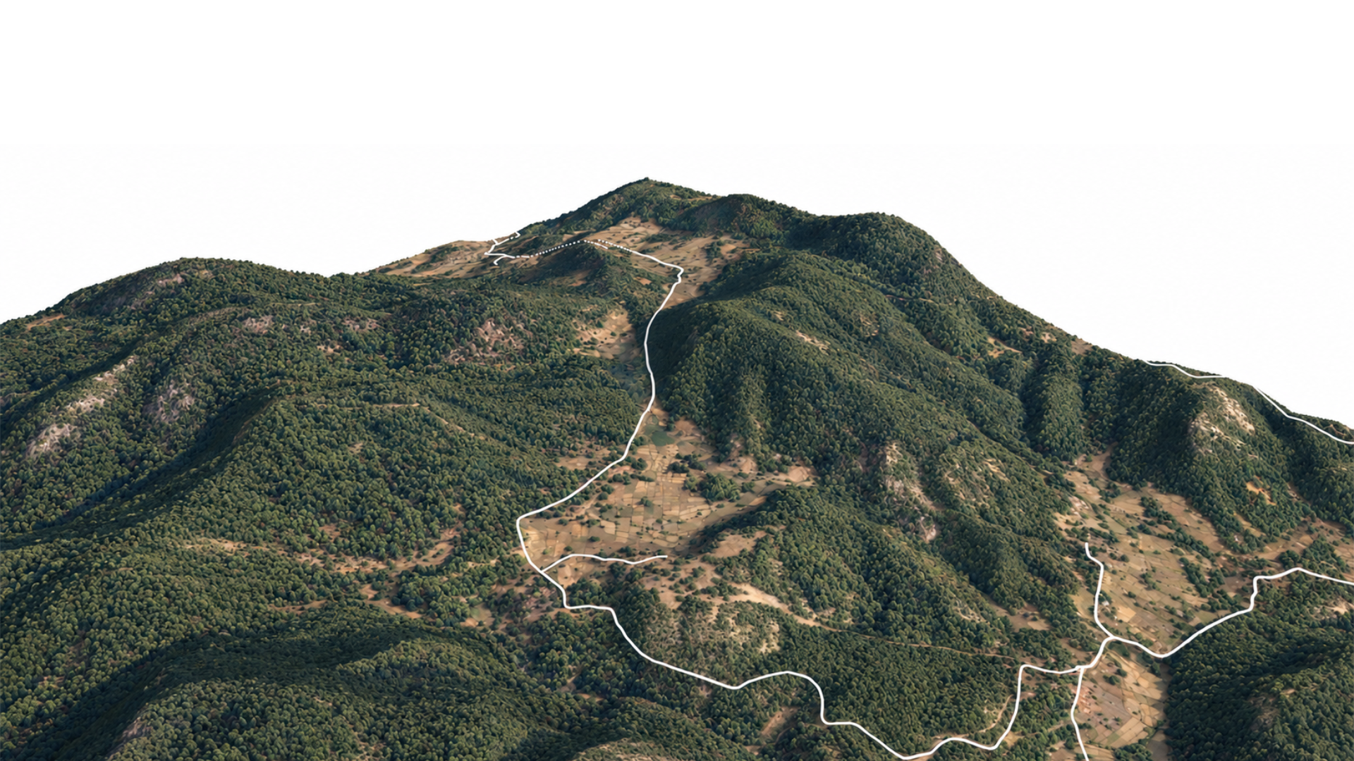 Oblique view of the museum landscape with wooded hills, small hamlets and white routes