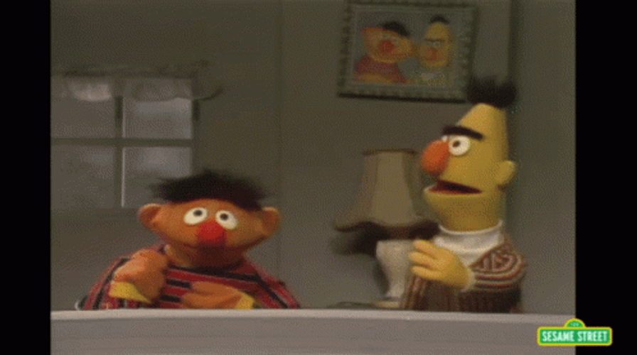 Bert and Ernie performing together in a Sesame Street scene
